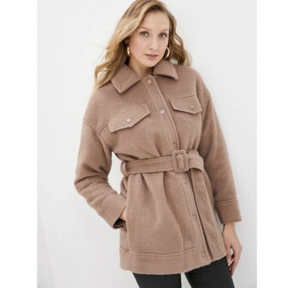 Topshop Jackets & Blazers - Topshop NWT Women's Tan Snap Button Belted Shacket Coat 12